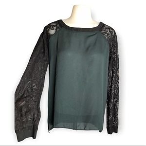 Loft | Emerald Green & Black Lace Sleeve Sheer Blouse